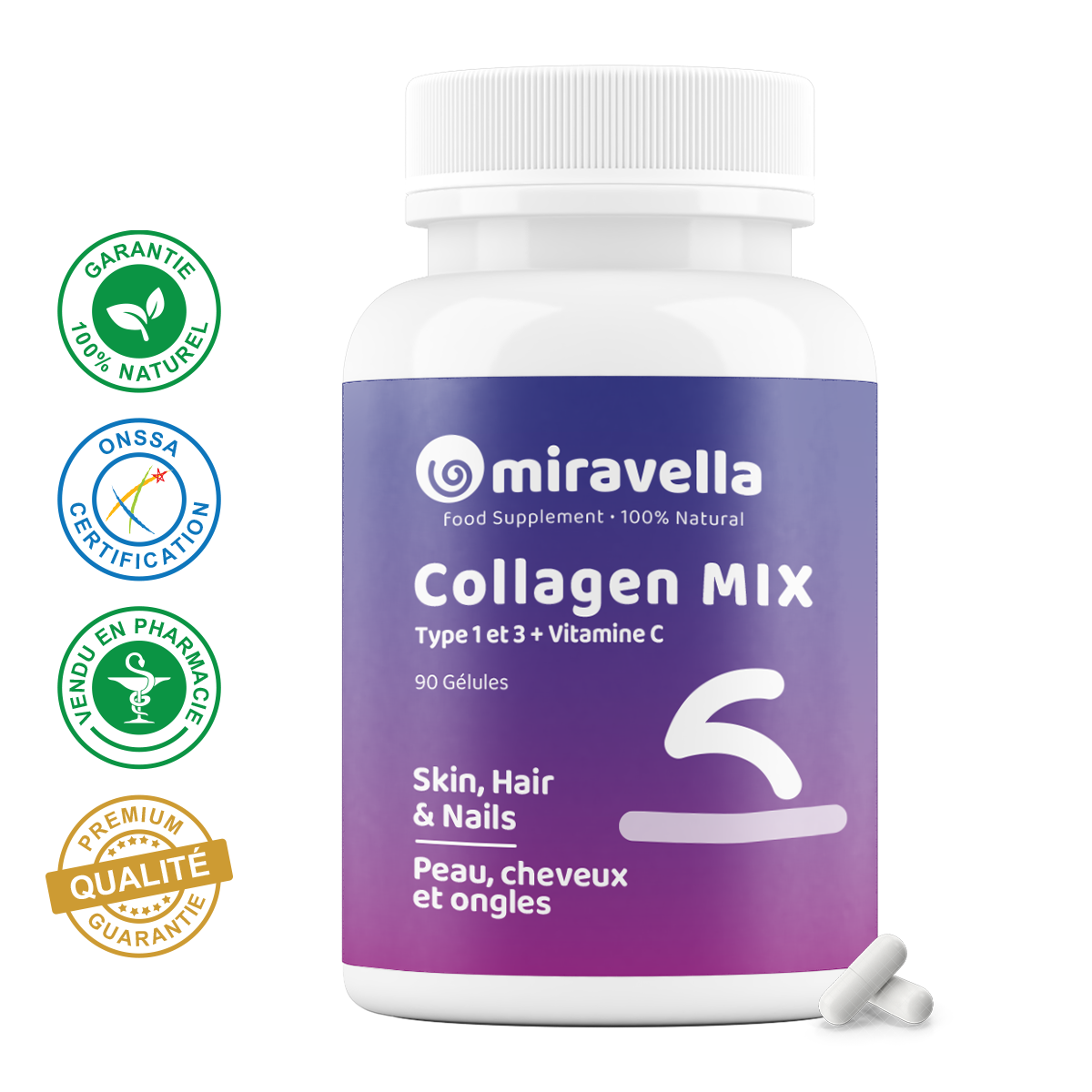 Collagène Marin type 1 et 3 + Vitamine C  90 gélules 100% naturel