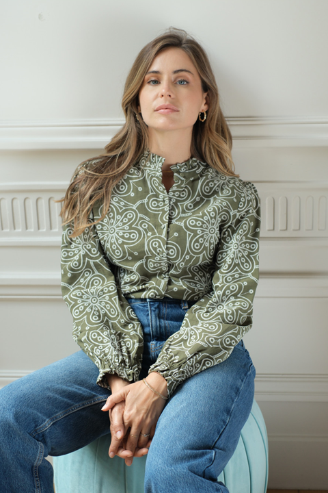 Blouse imprimé floral graphique col volanté