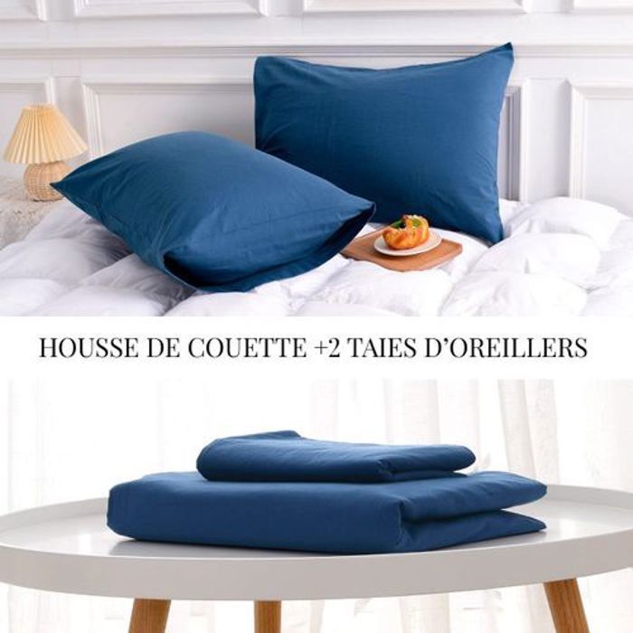 Housse de Couette Bleu Nuit + 1 Taie OR (1place) 160x220cm - Lit 90-120cm // Doux & Antiallérgique thumbnail 1