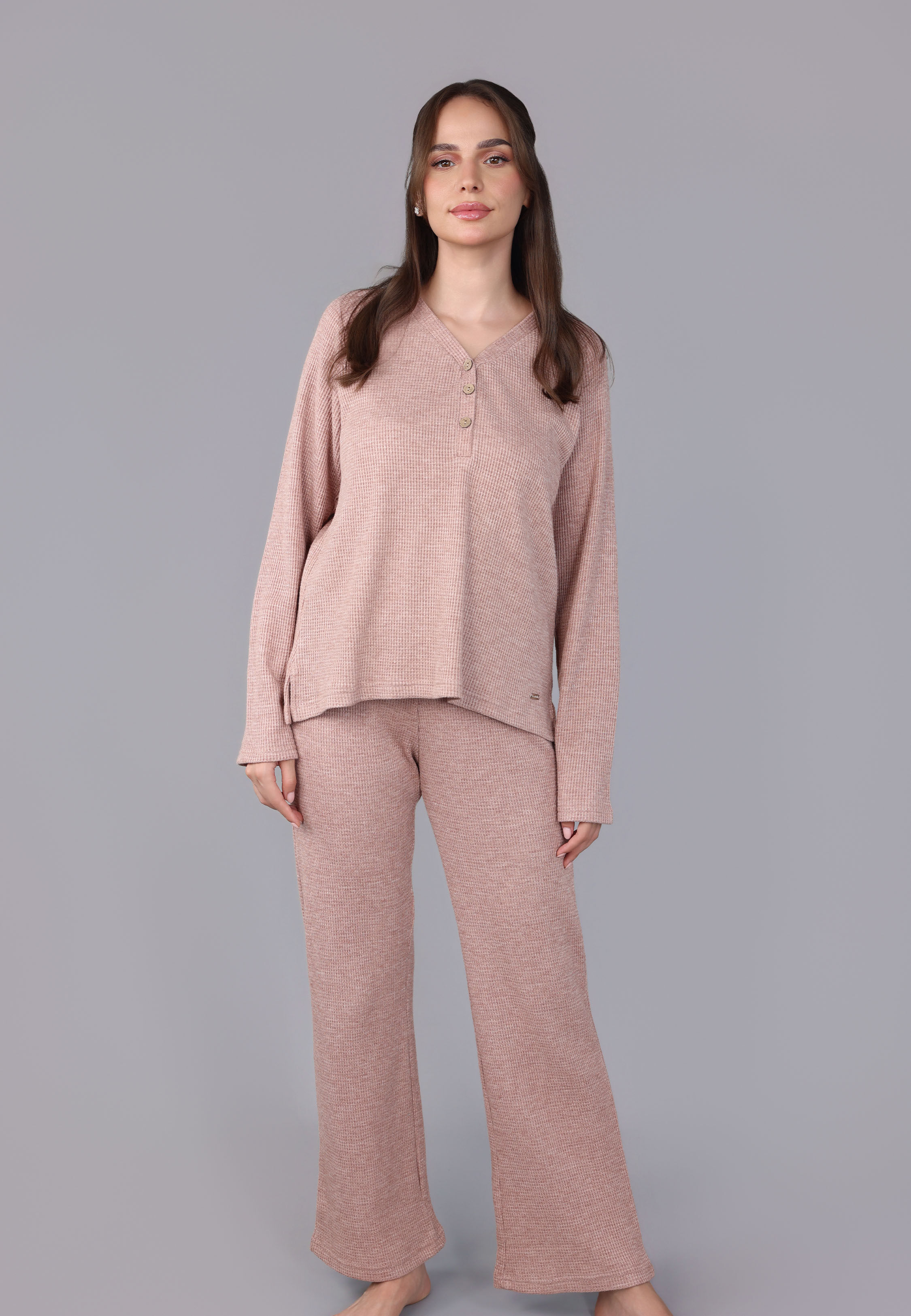 Ensemble Pyjama à Col V et Boutons | Collection Waffle