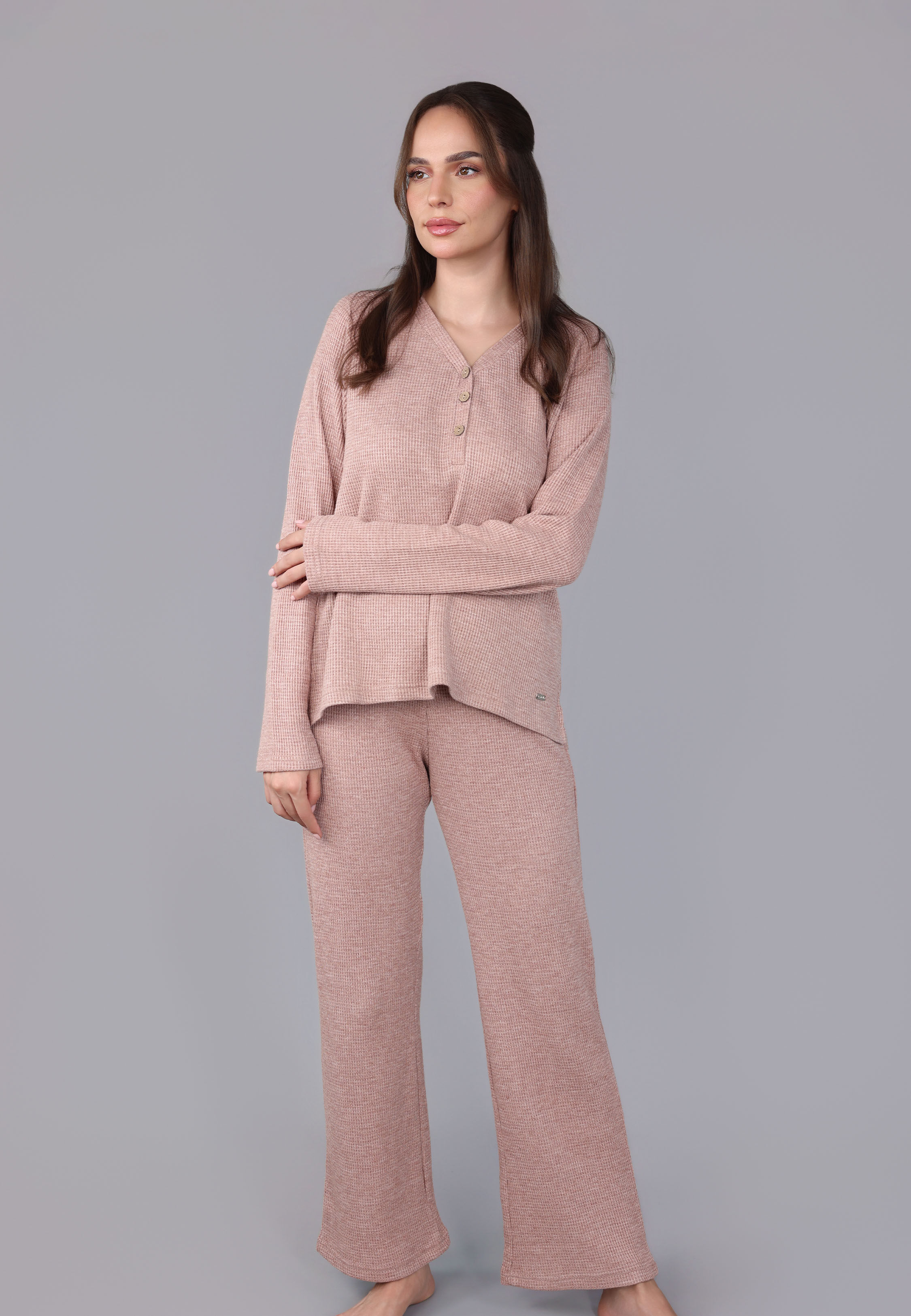 Ensemble Pyjama à Col V et Boutons | Collection Waffle