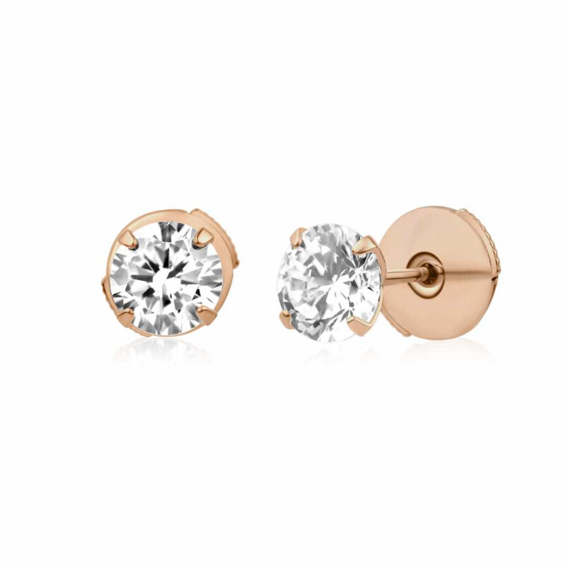 Puces d’Oreilles Solitaire Zircon 6 mm – Argent 925 Plaqué Or Rose