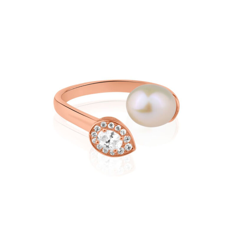 Bague Toi et Moi en Argent 925 Rhodié en Rose Ornée d'une Perle