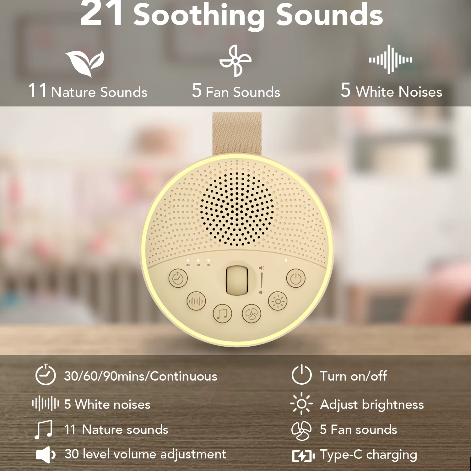 Machine à Bruit Blanc 21 Sons avec Veilleuse Réglable – Rechargeable et Portable thumbnail 3