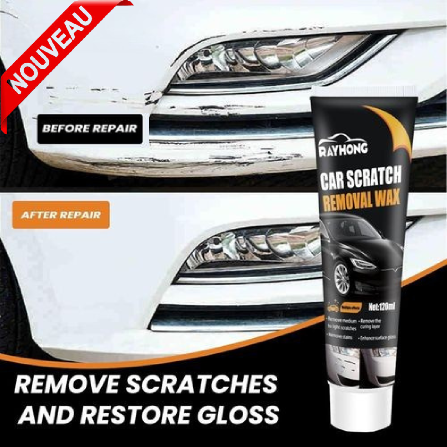 Cire de Réparation Nano pour Voiture  120ml - Pâte Anti-Rayures avec Chiffon et Accessoires