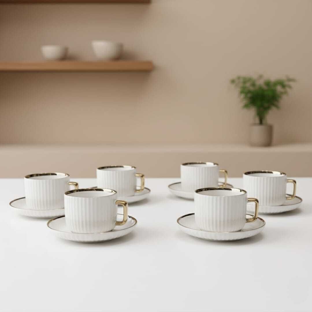 Set de 6 tasses à thé en porcelaine 200ml avec avec 6 assiettes sous tasse dore – Élégance et raffinement intemporel