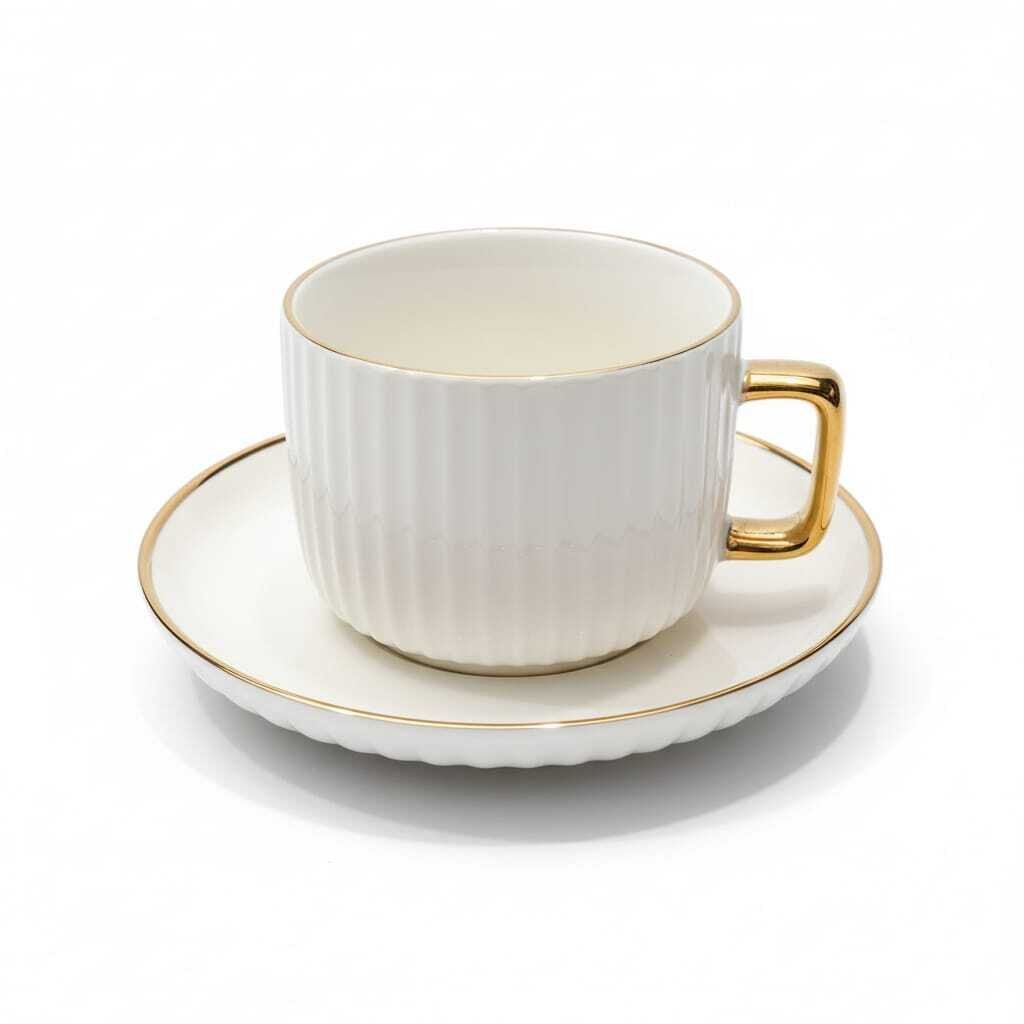Set de 6 tasses à thé en porcelaine 200ml avec avec 6 assiettes sous tasse dore – Élégance et raffinement intemporel thumbnail 3