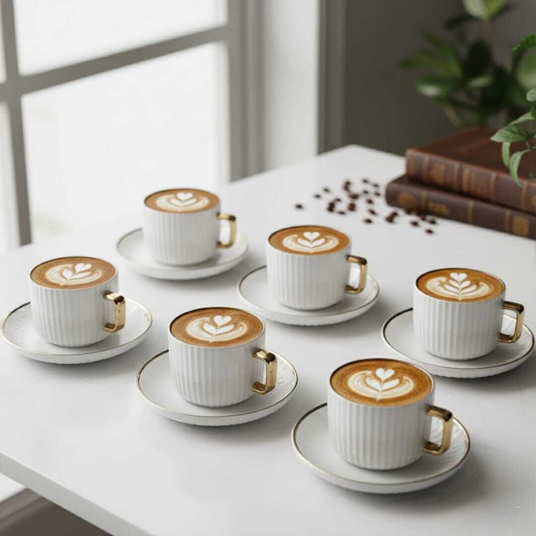 Set de 6 tasses à thé en porcelaine 200ml avec avec 6 assiettes sous tasse dore – Élégance et raffinement intemporel thumbnail 4