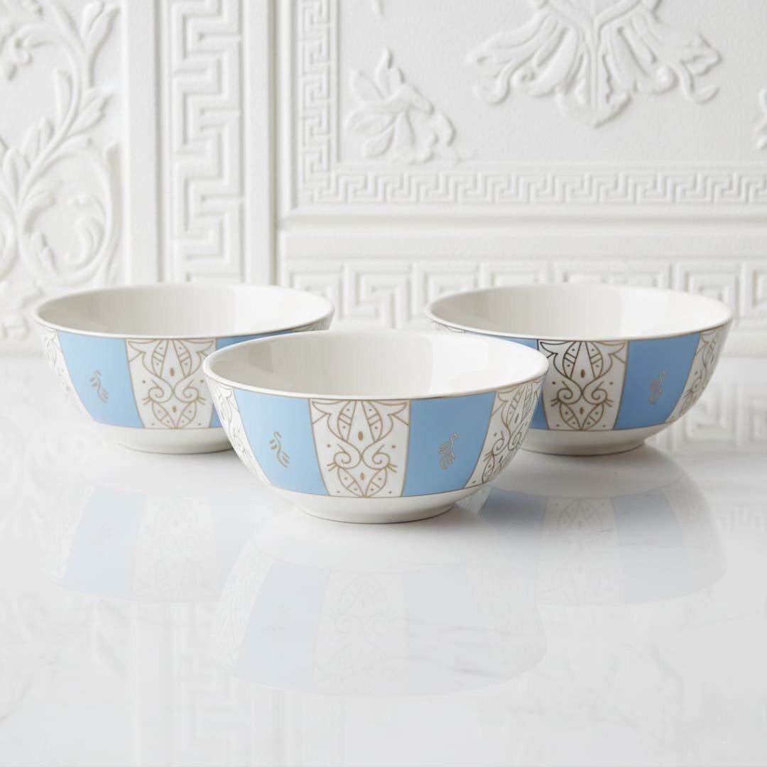 3 Bols En Porcelaine Bleu Et Blanc Avec Motif Doré – 18cm