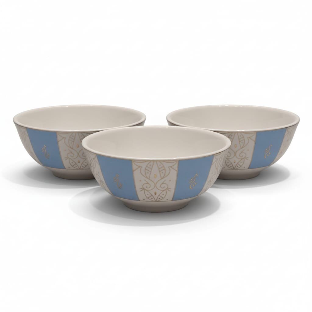 3 Bols En Porcelaine Bleu Et Blanc Avec Motif Doré – 18cm thumbnail 4