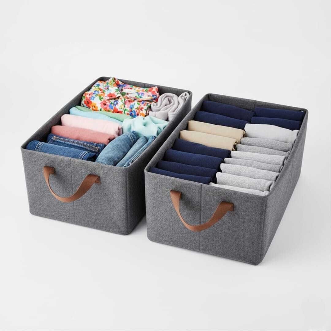 Lot de 2 boîtes de rangement pliables avec poignée, 18 l, pour étagères, tiroirs, en tissu, pour vêtements, draps, pulls, t-shirts, couvertures (47 x 28 x 19 cm, gris)