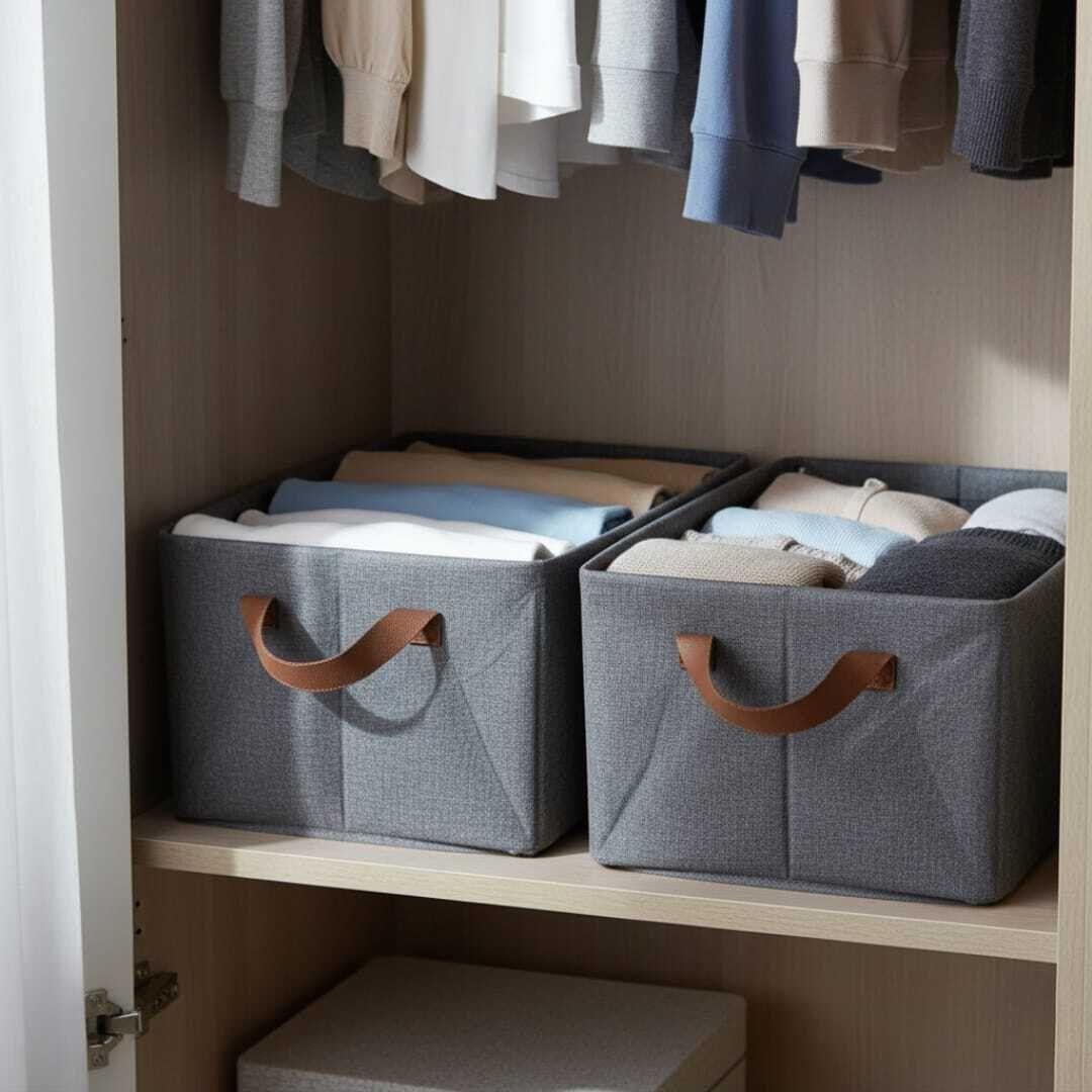 Lot de 2 boîtes de rangement pliables avec poignée, 18 l, pour étagères, tiroirs, en tissu, pour vêtements, draps, pulls, t-shirts, couvertures (47 x 28 x 19 cm, gris)