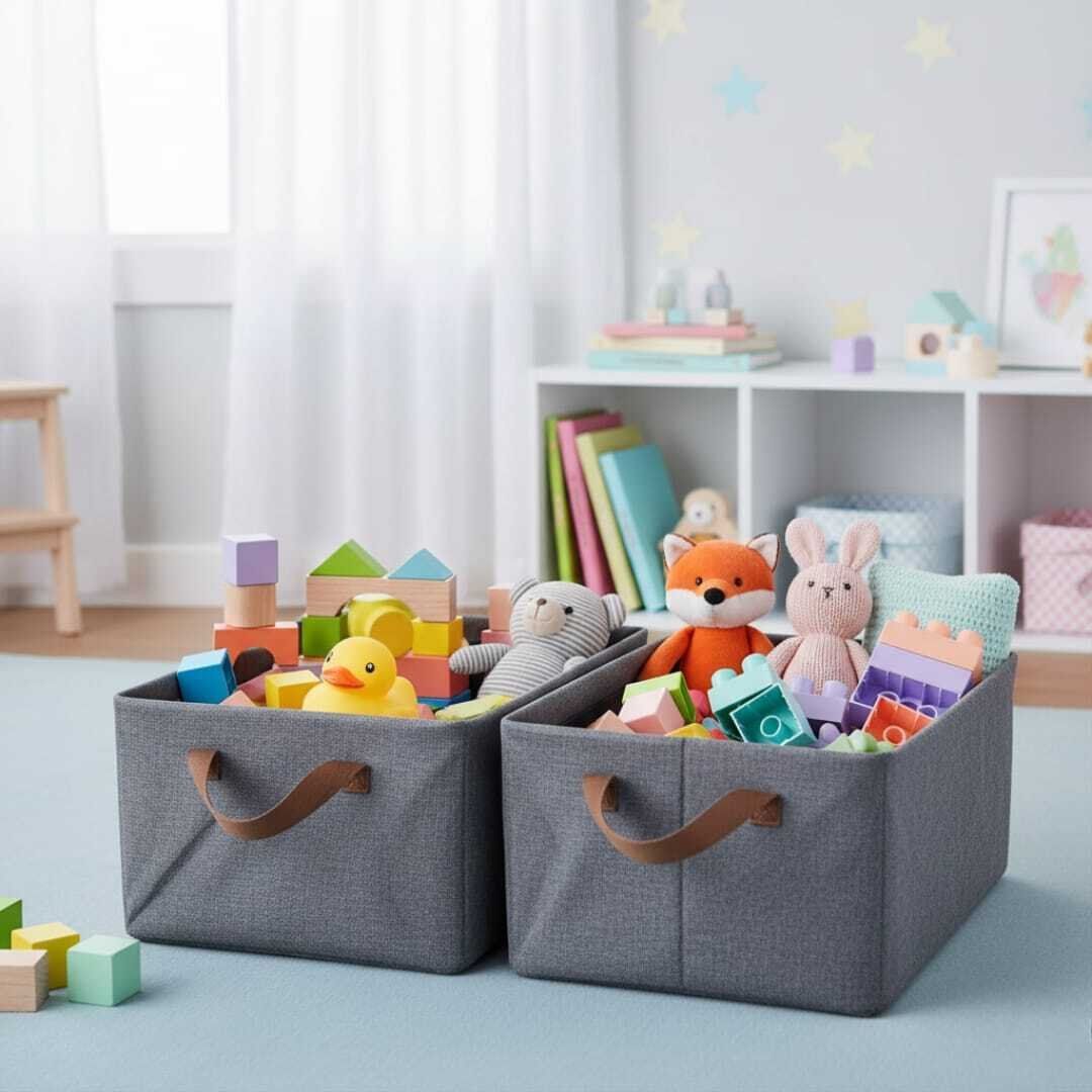 Lot de 2 boîtes de rangement pliables avec poignée, 18 l, pour étagères, tiroirs, en tissu, pour vêtements, draps, pulls, t-shirts, couvertures (47 x 28 x 19 cm, gris) thumbnail 3