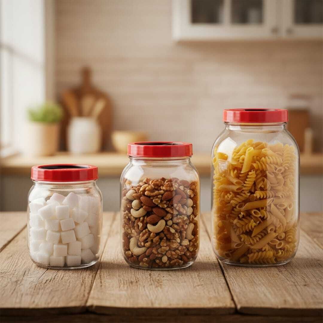 Set 3 Bocaux de Conservation en Verre 3L/2L/1.5/ avec Couvercle Rouge – Stockage Alimentaire Hermétique