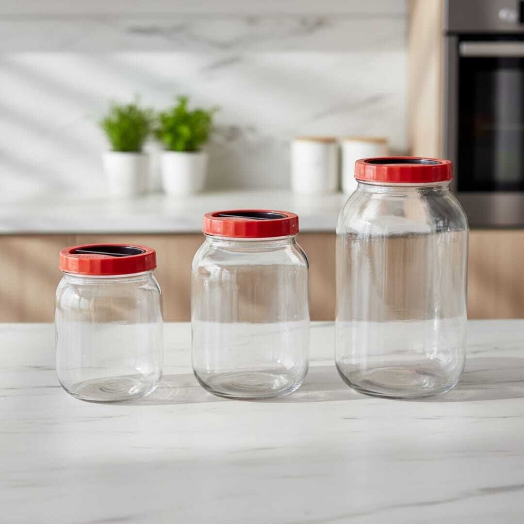 Set 3 Bocaux de Conservation en Verre 3L/2L/1.5/ avec Couvercle Rouge – Stockage Alimentaire Hermétique thumbnail 4