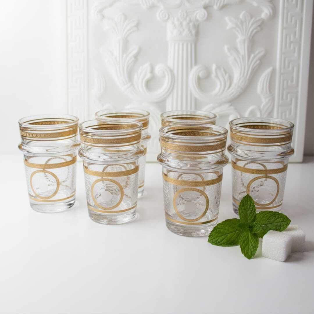 Set de 6 verres à thé marocains en verre transparent avec bord doré – Élégants et résistants motifs rond dore thumbnail 1
