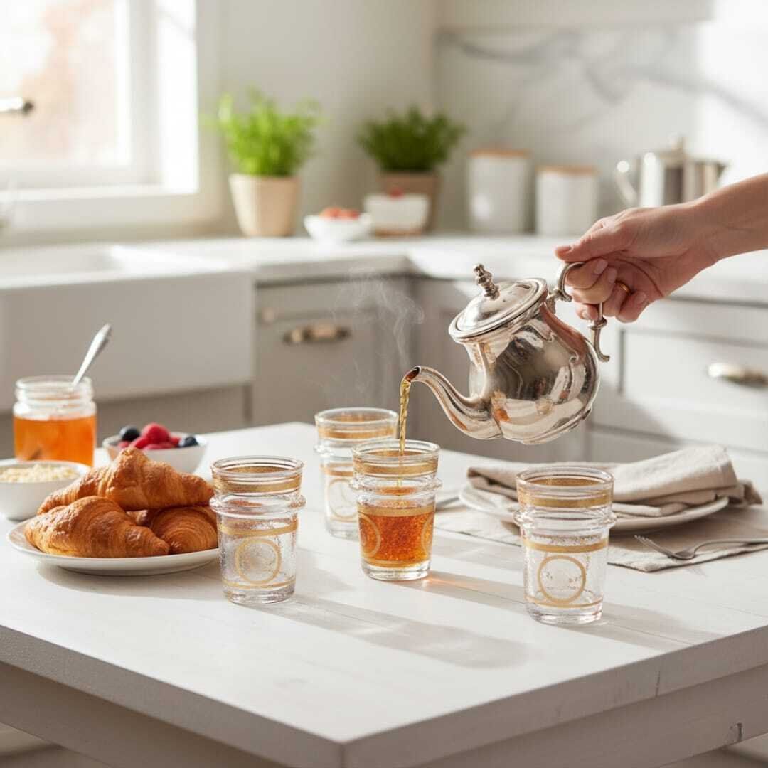 Set de 6 verres à thé marocains en verre transparent avec bord doré – Élégants et résistants motifs rond dore thumbnail 2
