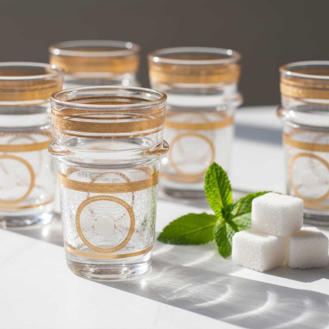Set de 6 verres à thé marocains en verre transparent avec bord doré – Élégants et résistants motifs rond dore thumbnail 4