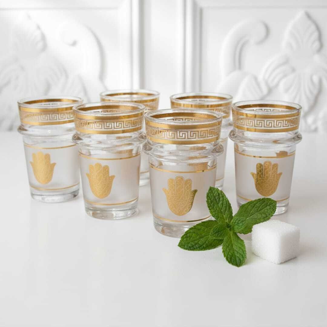 Set de 6 verres à thé marocains en verre cristallin transparent avec bord doré – Élégants et résistants motifs khmissa