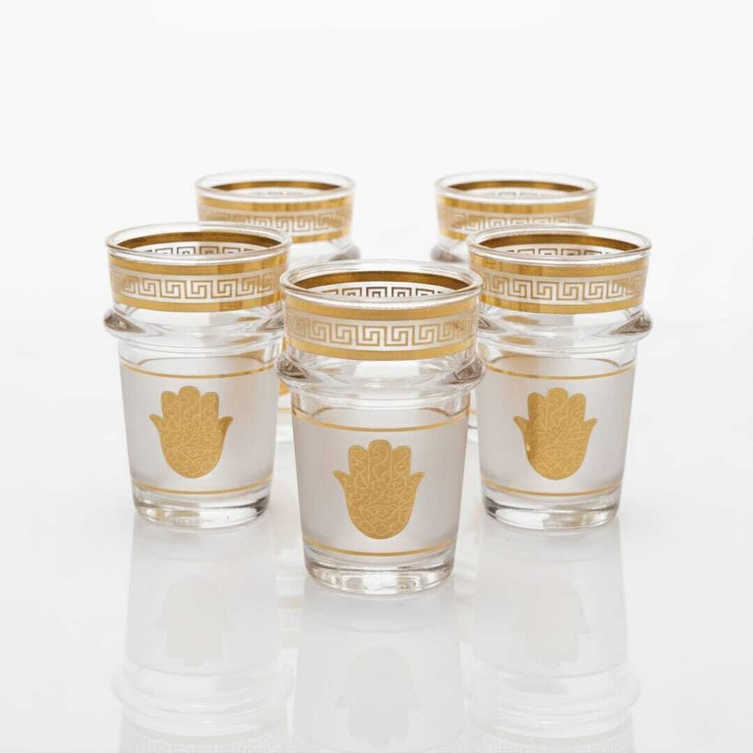 Set de 6 verres à thé marocains en verre cristallin transparent avec bord doré – Élégants et résistants motifs khmissa