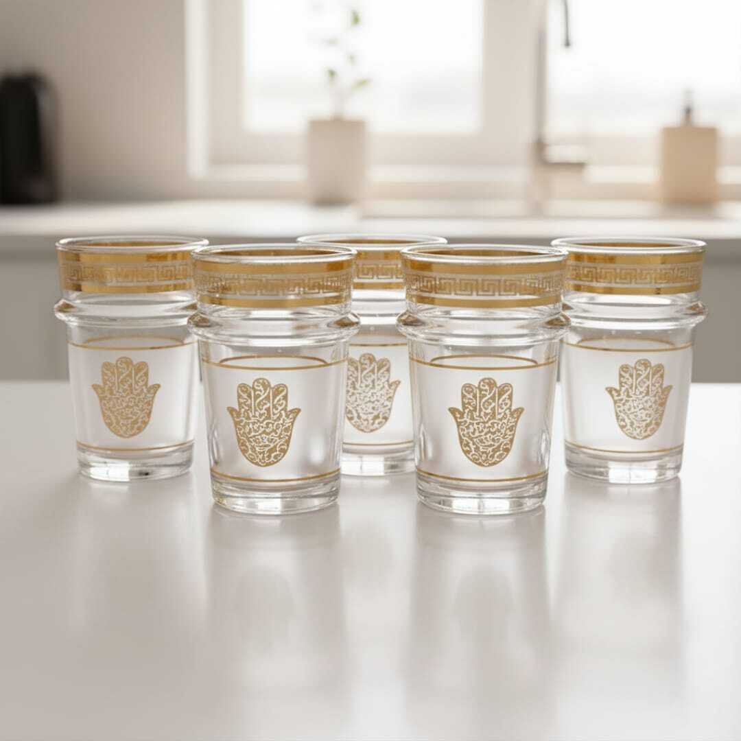 Set de 6 verres à thé marocains en verre cristallin transparent avec bord doré – Élégants et résistants motifs khmissa thumbnail 3