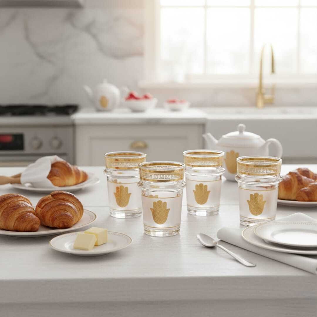 Set de 6 verres à thé marocains en verre cristallin transparent avec bord doré – Élégants et résistants motifs khmissa thumbnail 4