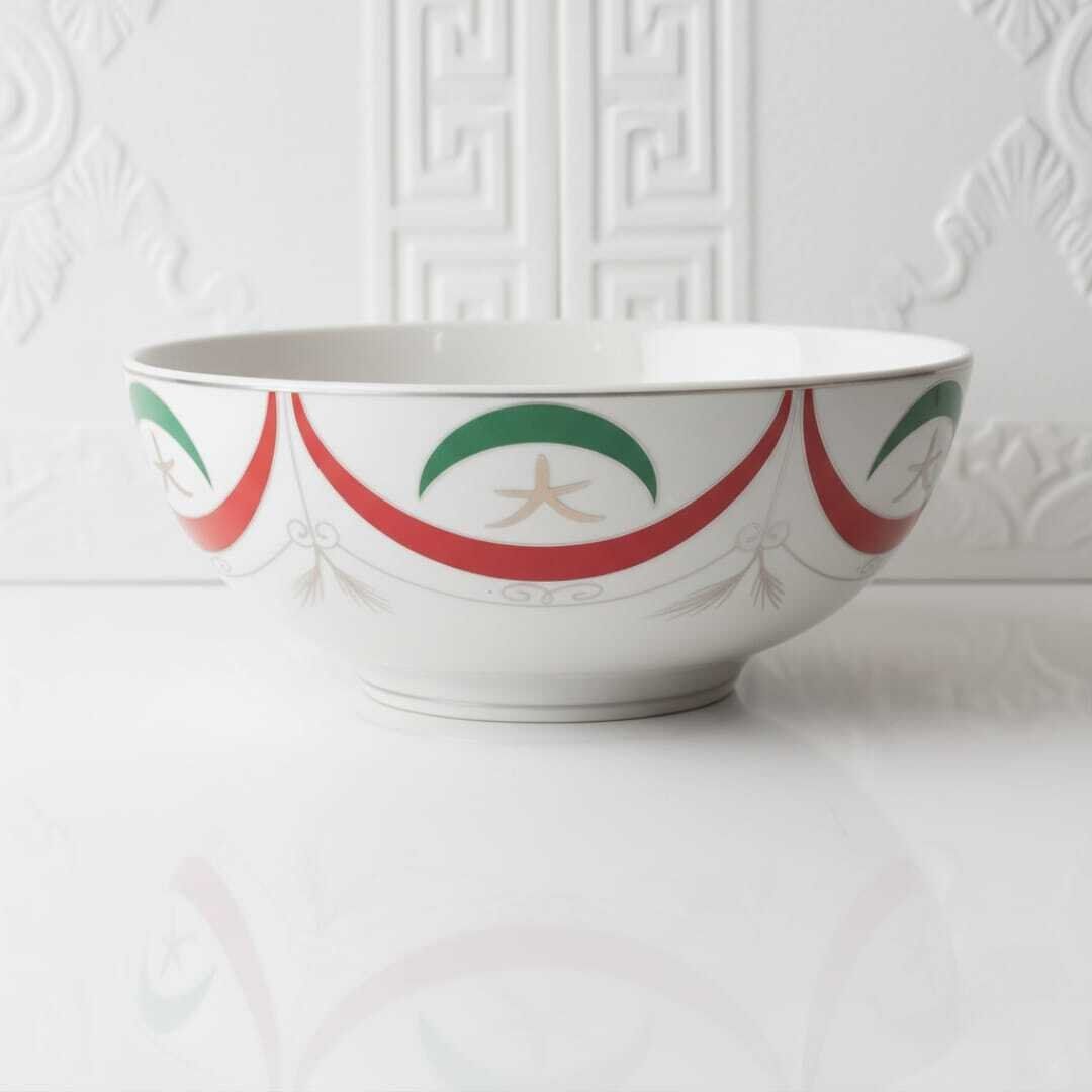 Bol En Porcelaine Fine Extra Large – Blanc Avec Motifs Rouges Et Verts - 30 Cm