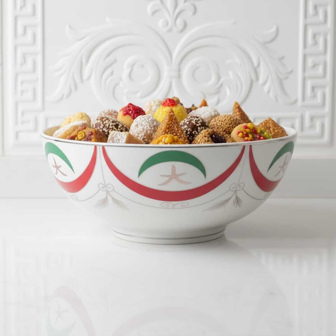 Bol En Porcelaine Fine Extra Large – Blanc Avec Motifs Rouges Et Verts - 30 Cm thumbnail 3