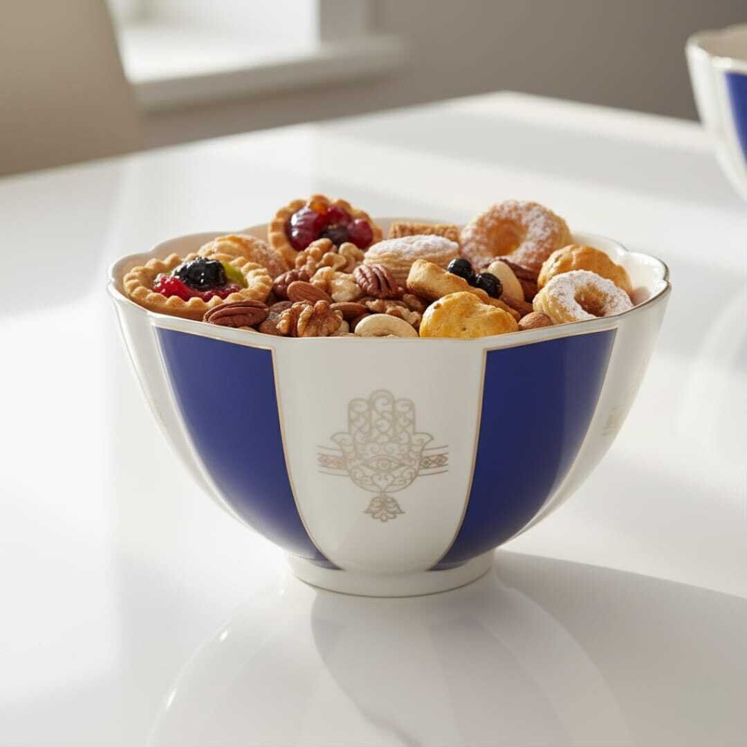 Bol En Porcelaine Fine Bleu Et Blanc Avec Motif Doré Khmissa – 27cm