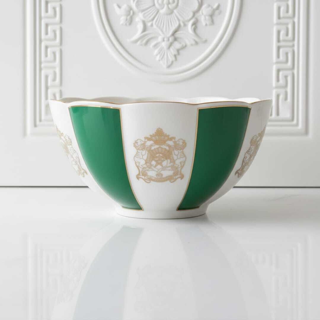 Bol En Porcelaine Fine Vert Et Blanc Avec Motif Doré – Élégant Et Raffiné 13cm/20cm