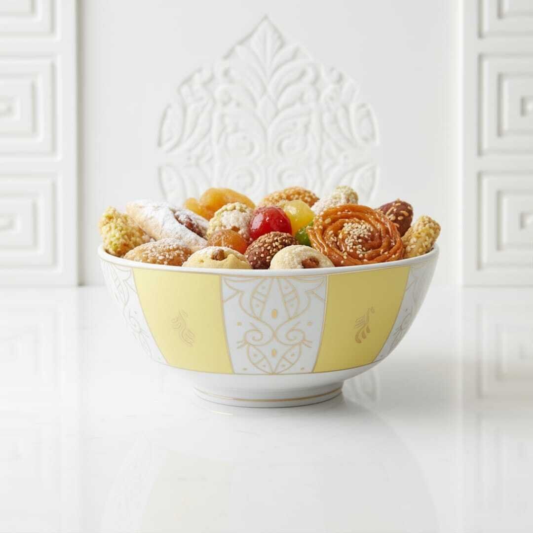 Bol En Porcelaine Fine Jaune Et Blanc Avec Motif Doré –13cm/23cm