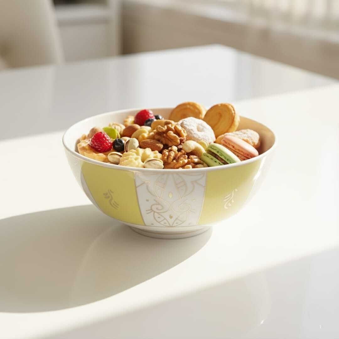 Bol En Porcelaine Fine Jaune Et Blanc Avec Motif Doré –13cm/23cm