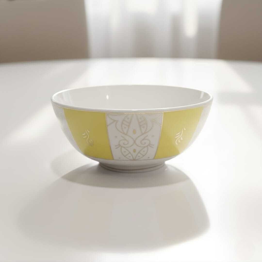 Bol En Porcelaine Fine Jaune Et Blanc Avec Motif Doré –13cm/23cm thumbnail 3