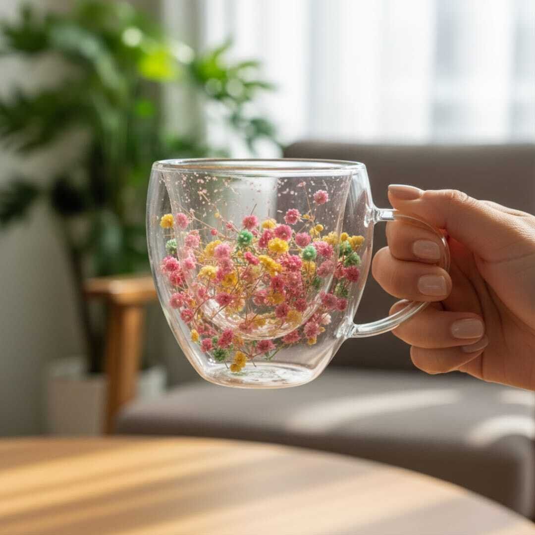 Tasse à fleurs séchées à double paroi tasse à café 200ML-couleurs aleatoires thumbnail 1