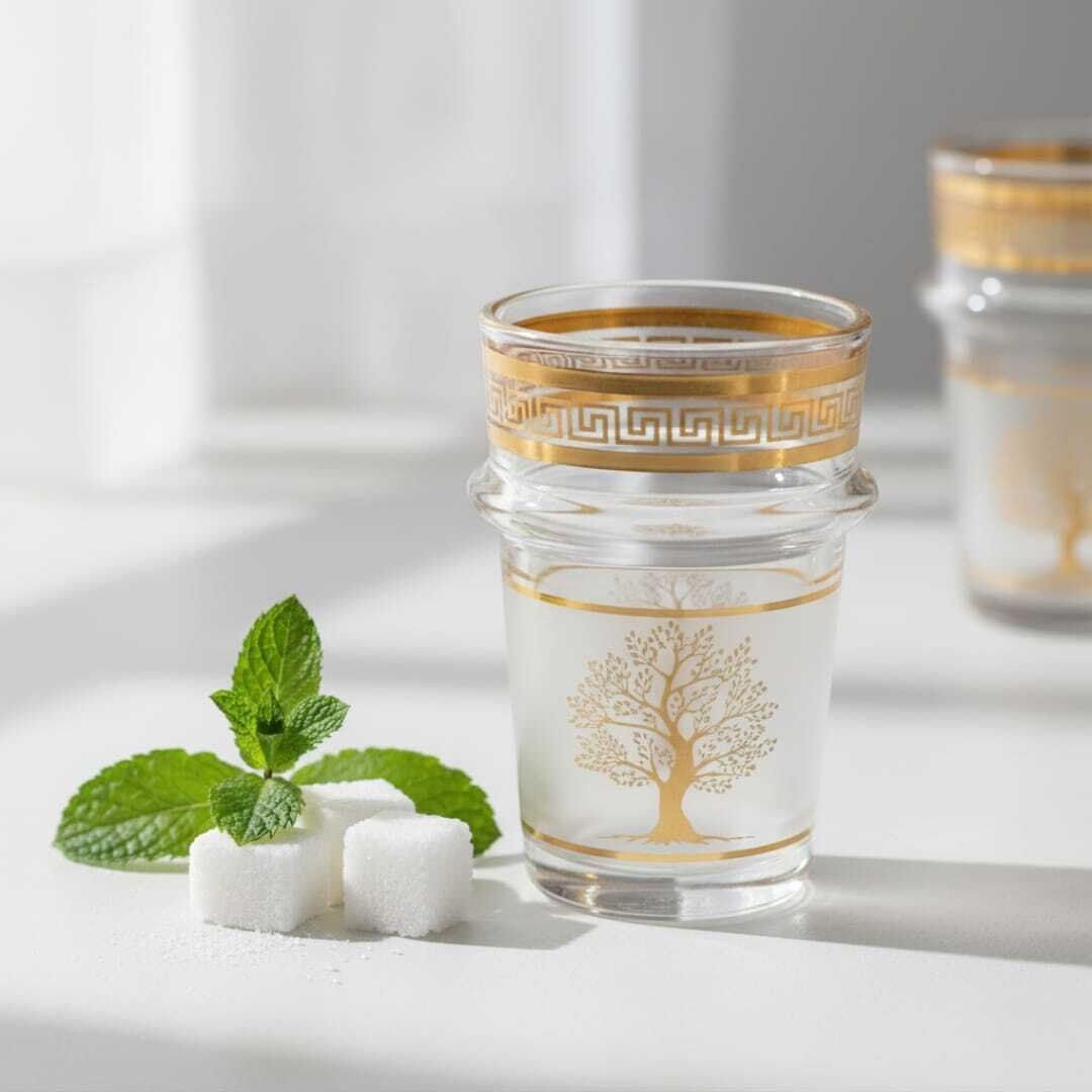 Set de 6 verres à thé marocains en verre transparent avec bord doré – Élégants et résistants motifs arbre