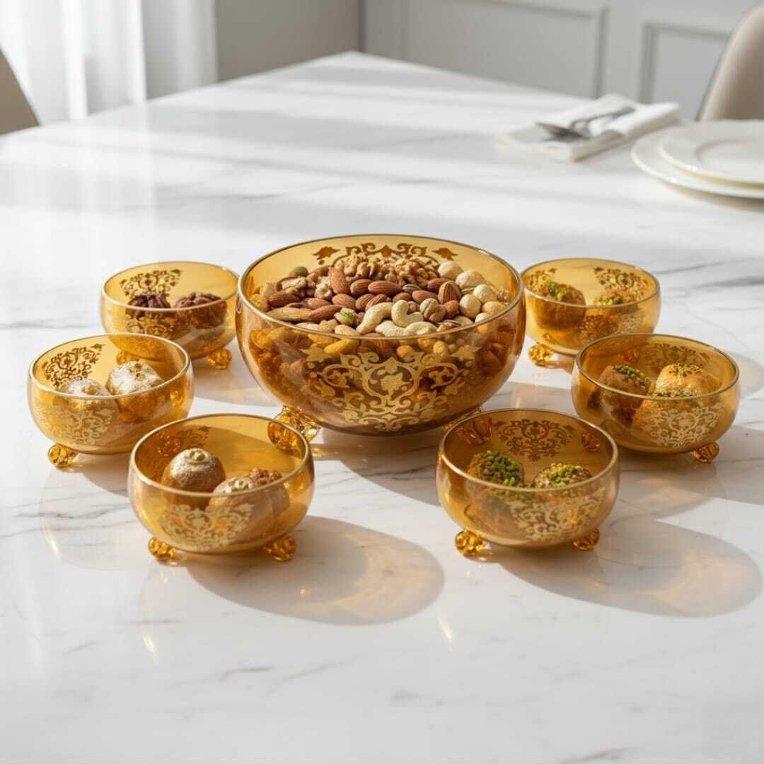 Service de bols en cristal beige dore – Ensemble 7 pièces élégantes pour desserts, salades ou apéritifs 7/11cm et 11/17CM thumbnail 3