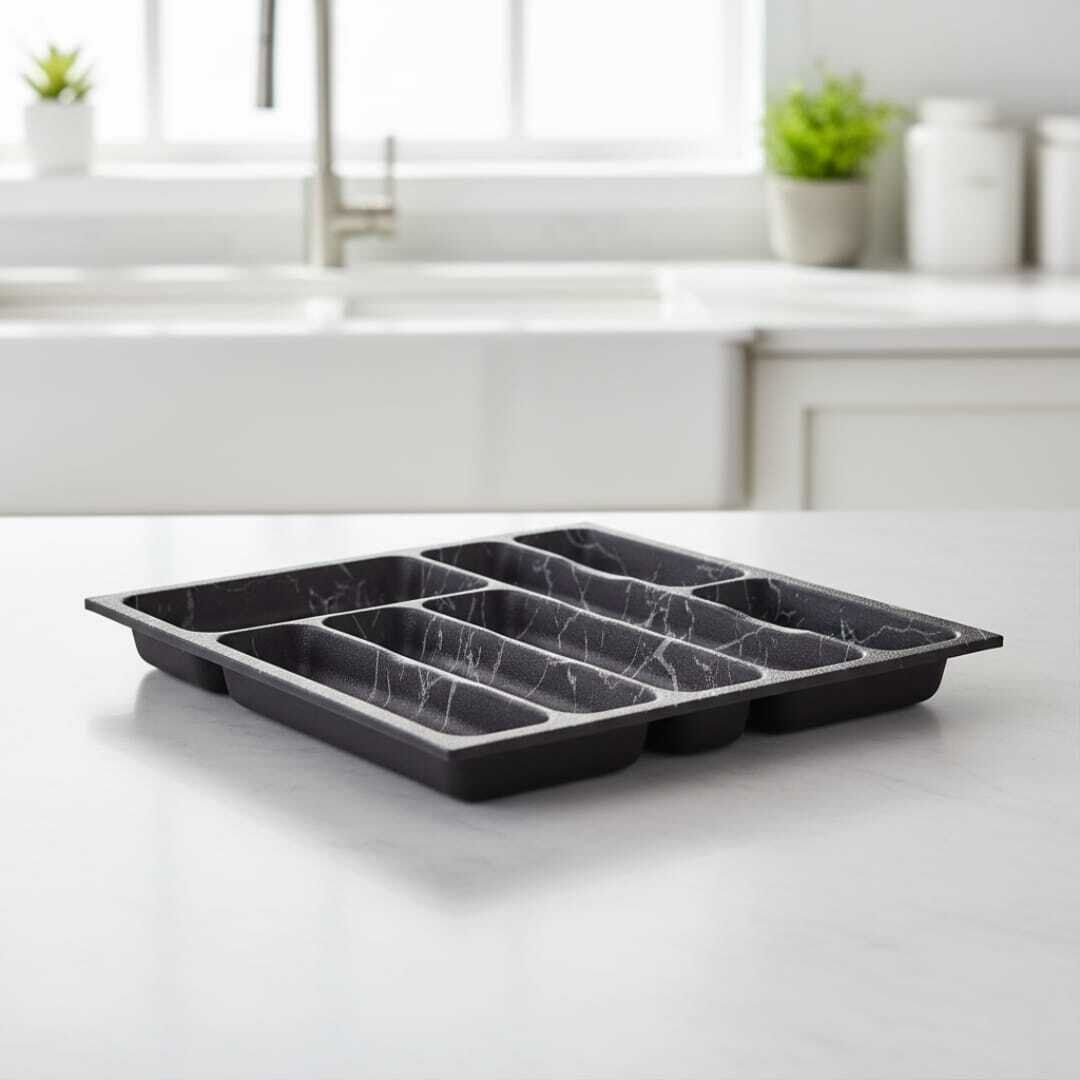 Organisateur de couverts en plastique effet marbre noir – Plateau à ustensiles de cuisine pratique et élégant 39/32 cm