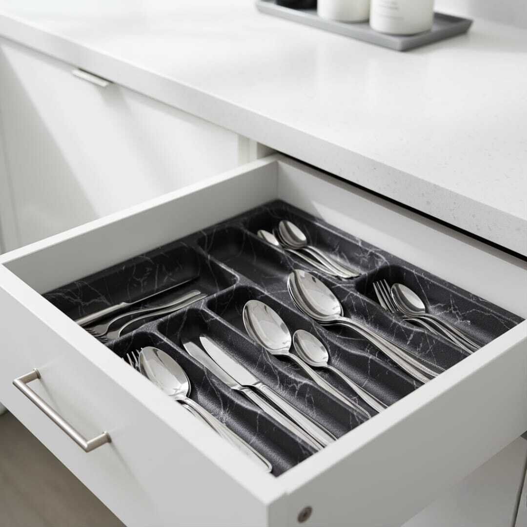 Organisateur de couverts en plastique effet marbre noir – Plateau à ustensiles de cuisine pratique et élégant 39/32 cm