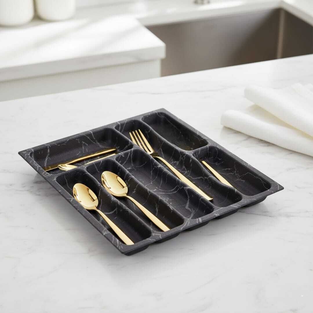 Organisateur de couverts en plastique effet marbre noir – Plateau à ustensiles de cuisine pratique et élégant 39/32 cm thumbnail 3