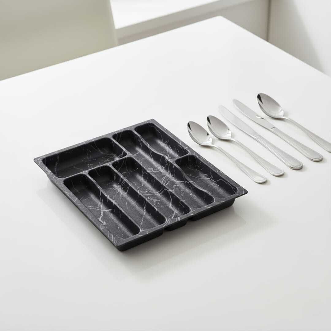 Organisateur de couverts en plastique effet marbre noir – Plateau à ustensiles de cuisine pratique et élégant 39/32 cm thumbnail 4