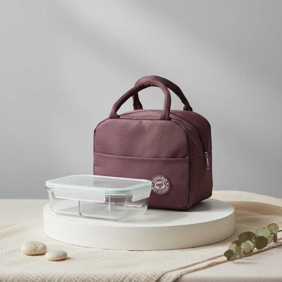 Set Lunch Box Déjeuner Complet – Sac Isotherme en Tissu Oxford Bordeaux 23/20cm+ Boîte Alimentaire en Verre à Compartiments thumbnail 1