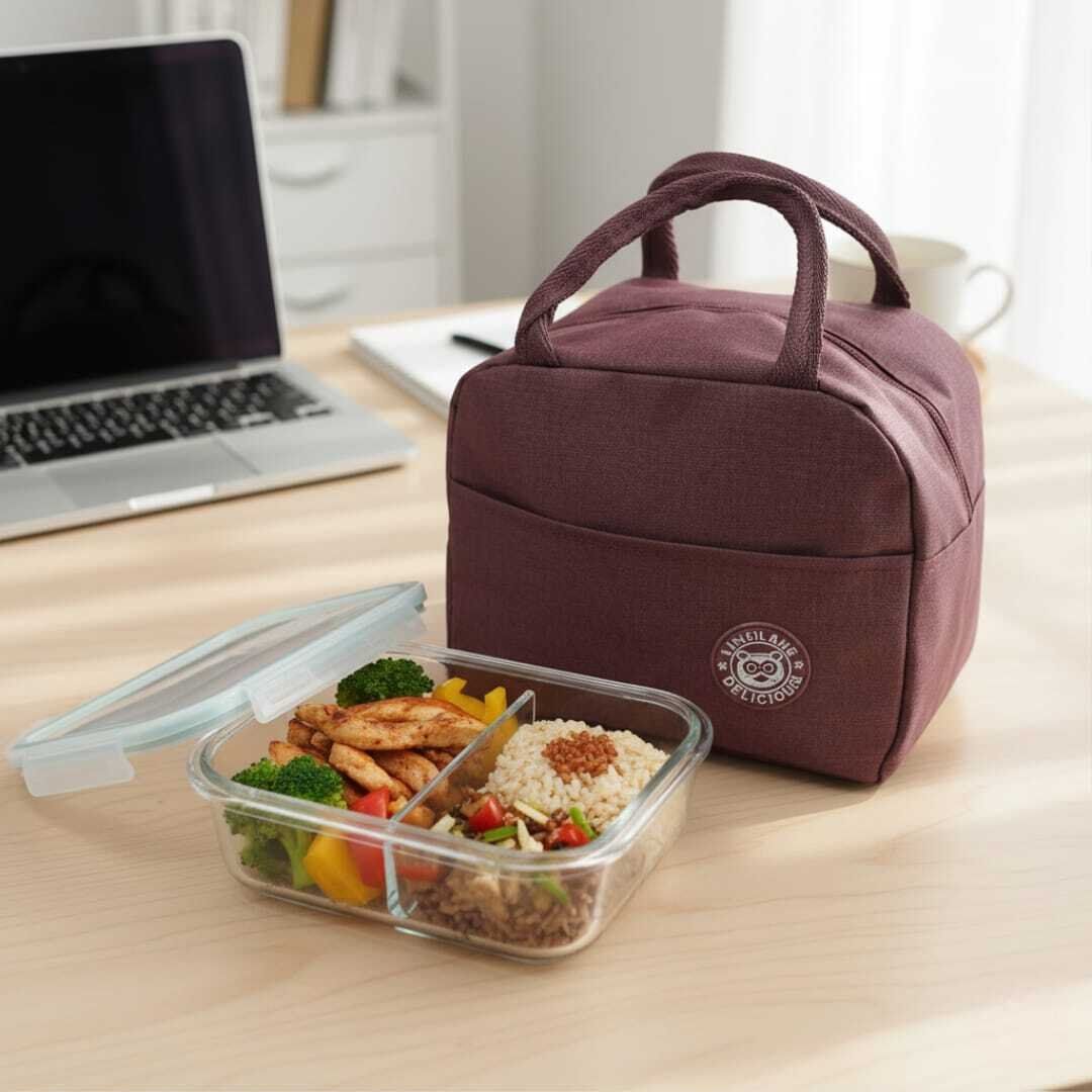 Set Lunch Box Déjeuner Complet – Sac Isotherme en Tissu Oxford Bordeaux 23/20cm+ Boîte Alimentaire en Verre à Compartiments thumbnail 2