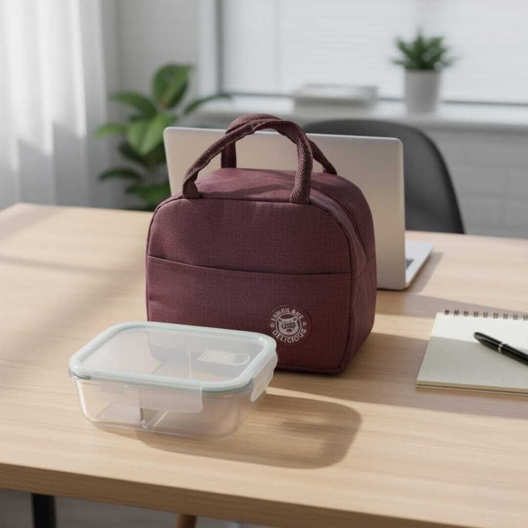 Set Lunch Box Déjeuner Complet – Sac Isotherme en Tissu Oxford Bordeaux 23/20cm+ Boîte Alimentaire en Verre à Compartiments thumbnail 3