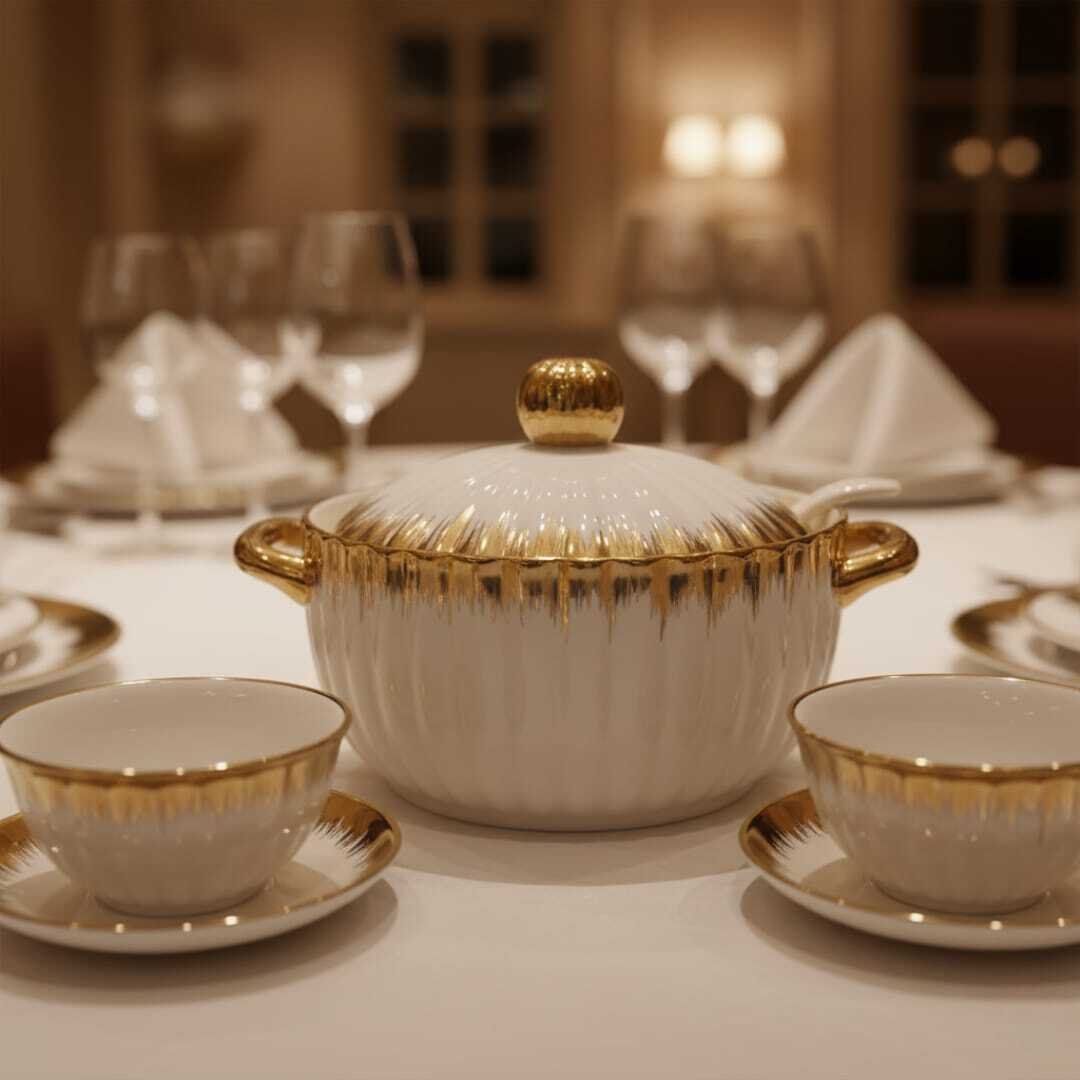 ENSEMBLE 15 PIECES SOUPIÈRE AVEC COUVERCLE ET LOUCHE ET 6 BOLS ET 6 ASSIETTES EN PORCELAINE BLANCHE DÉTAILS DORES thumbnail 3
