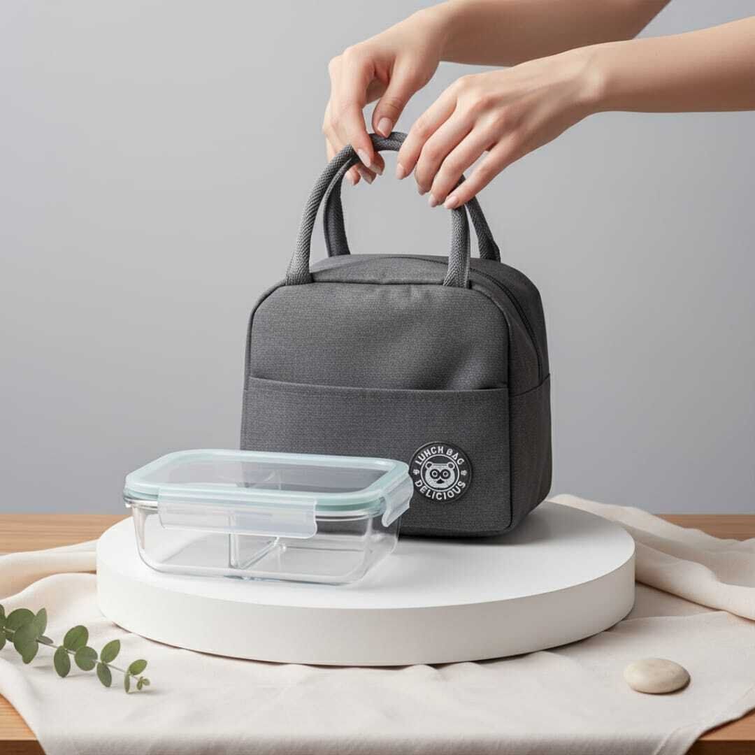 Set lunch box Déjeuner Complet – Sac Isotherme en Tissu Oxford GRIS 23/20 cm+ Boîte Alimentaire en Verre pyrex 700ml à Compartiments thumbnail 1