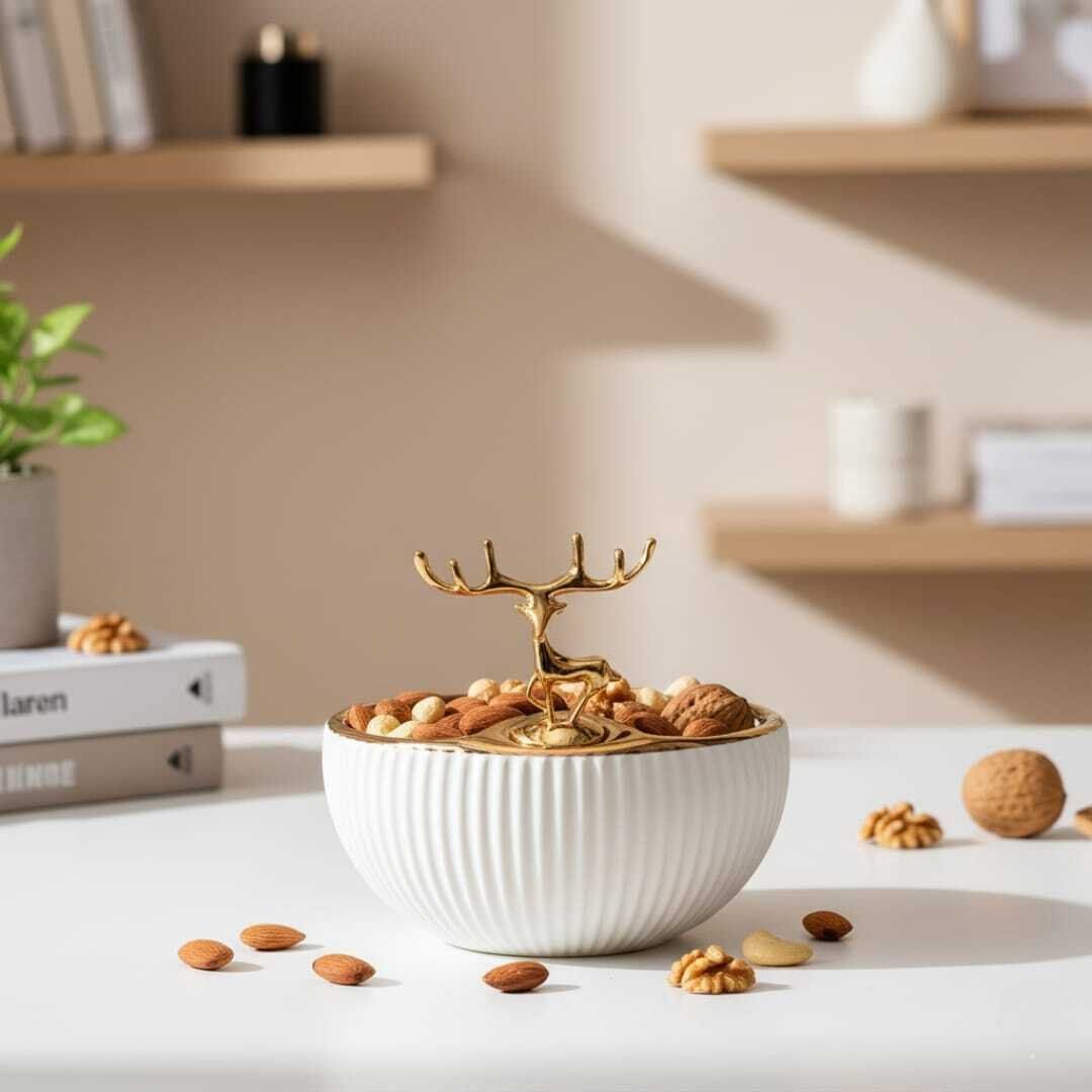 Bol De Service En Céramique Blanche Avec Couvercle Et Ornement Doré – 15 X 15 Cm