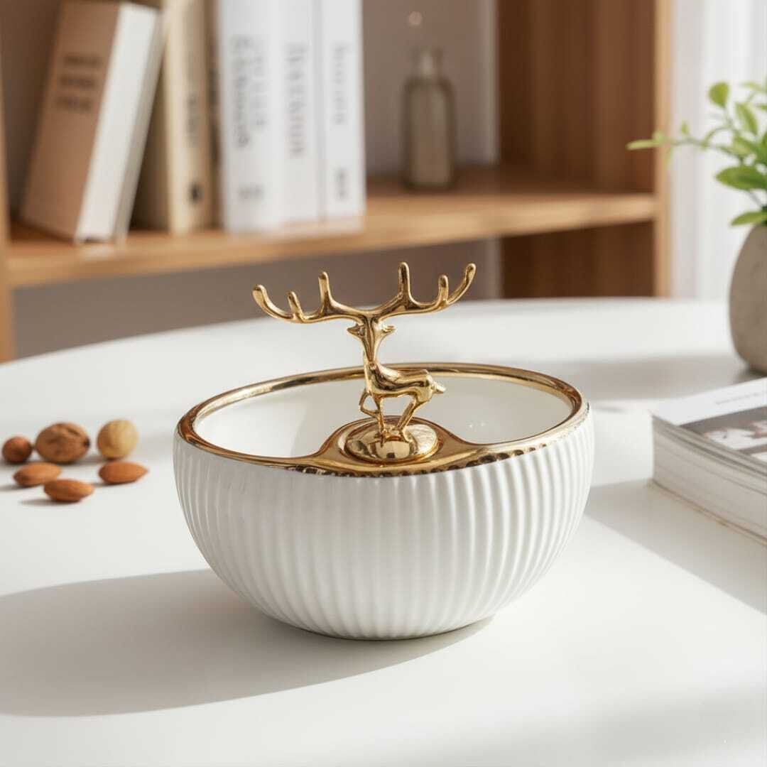 Bol De Service En Céramique Blanche Avec Couvercle Et Ornement Doré – 15 X 15 Cm thumbnail 3