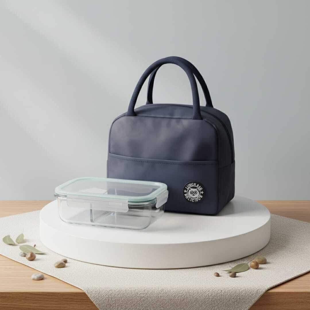 Set lunch box Déjeuner Complet – Sac Isotherme en Tissu Oxford bleu 23cm/ 20 + Boîte Alimentaire en Verre à Compartiments thumbnail 1