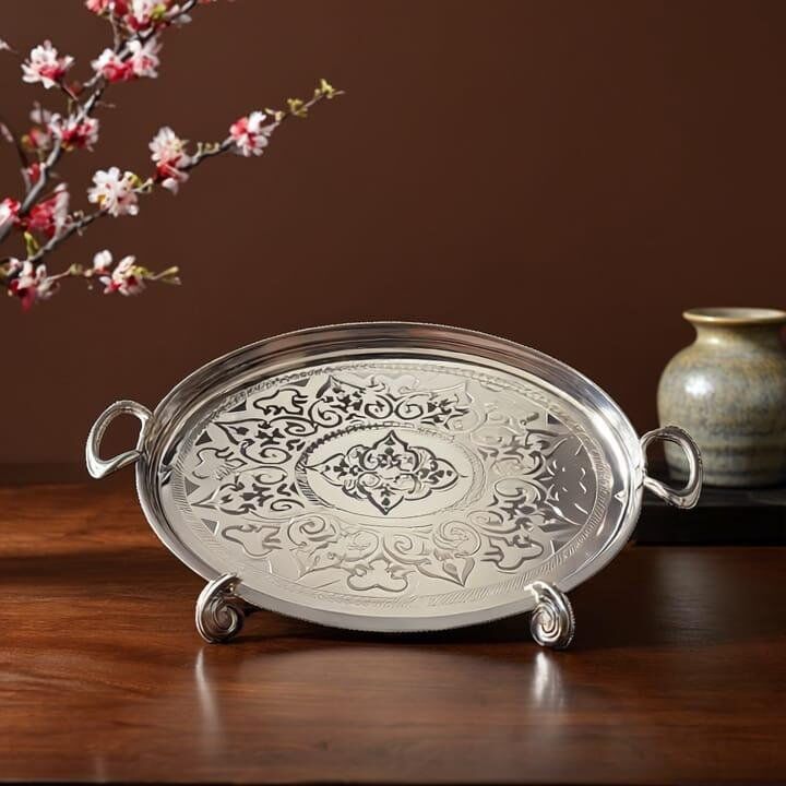 Plateau Mm 55/34cm argenté avec anses à servir ou présentation en inox très haute qualité, Argenté avec détails dorés