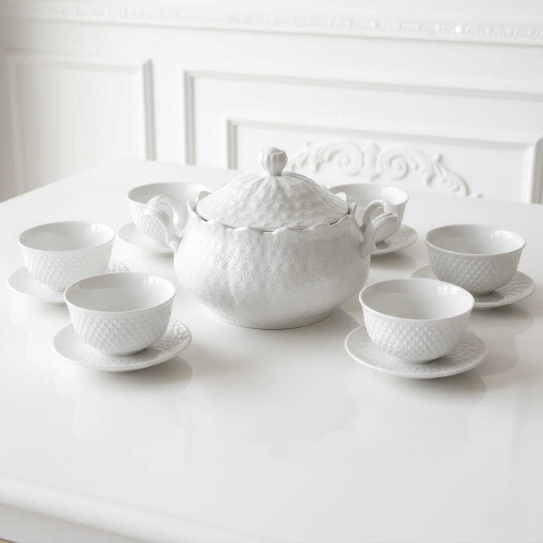 Ensemble 15 Pieces Soupière avec Couvercle et Louche et 6 Bols et 6 Assiettes en Porcelaine Blanche